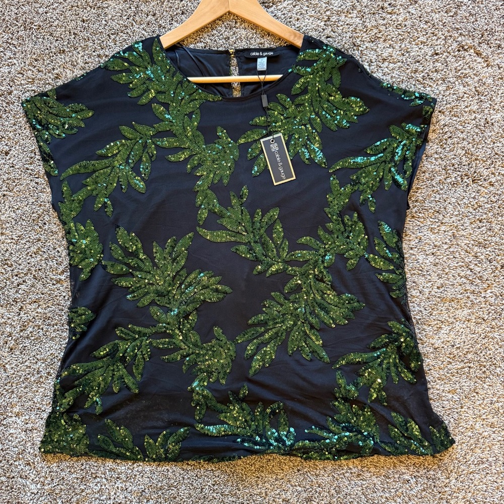 NWT CABLE & GAUGE Top Black Green Sequin Leaf Mesh Top Blouse CSTP04434W Size 1X - Picture 4 of 12